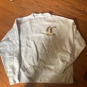 Champion crew neck, light grey with logo on back.